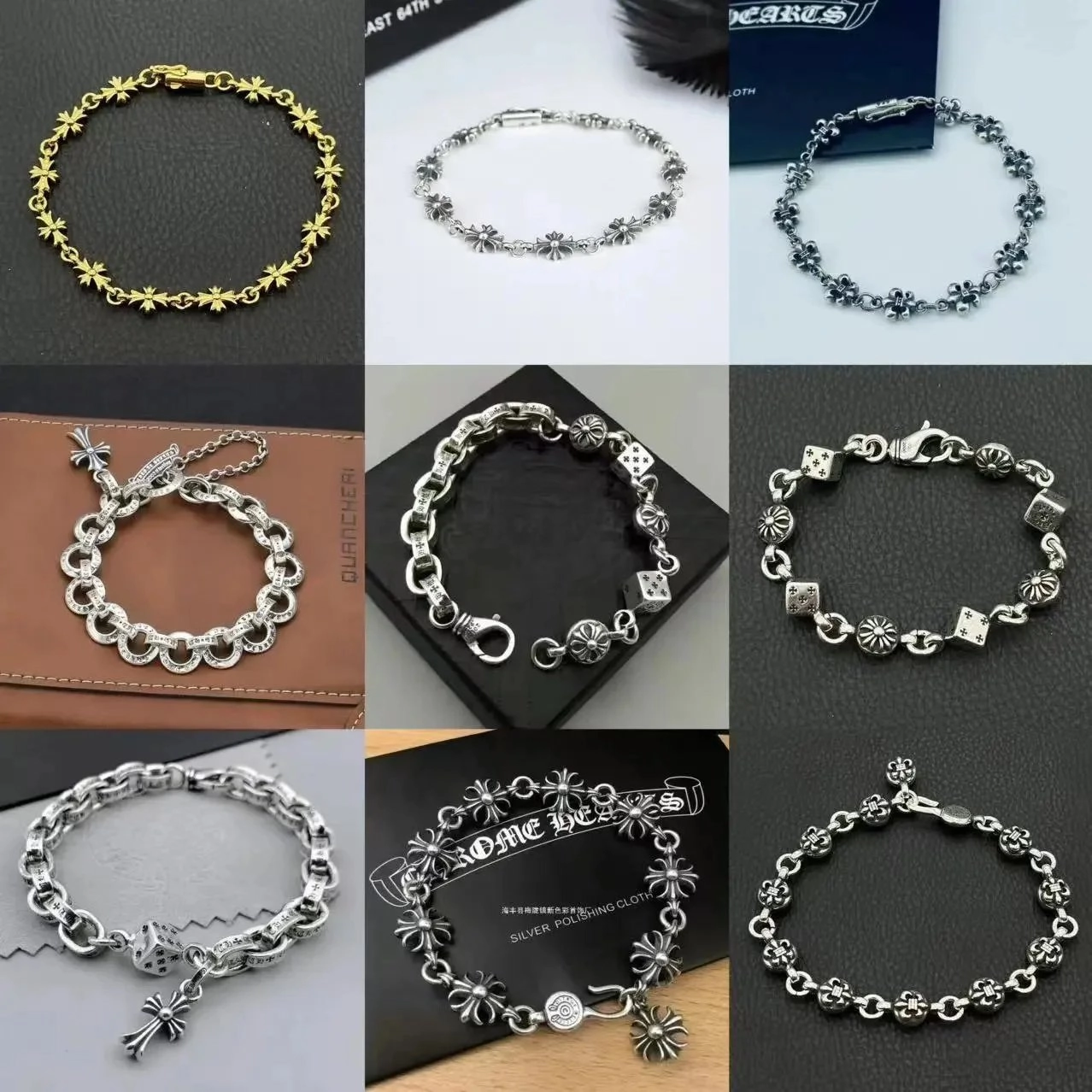 Chrome Hearts Silver Cross Flower Link Bracelet with Dice Charm