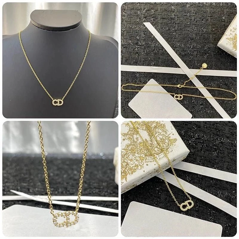 Dior CD Logo Pendant Necklace Gold-Plated with Crystal Accents