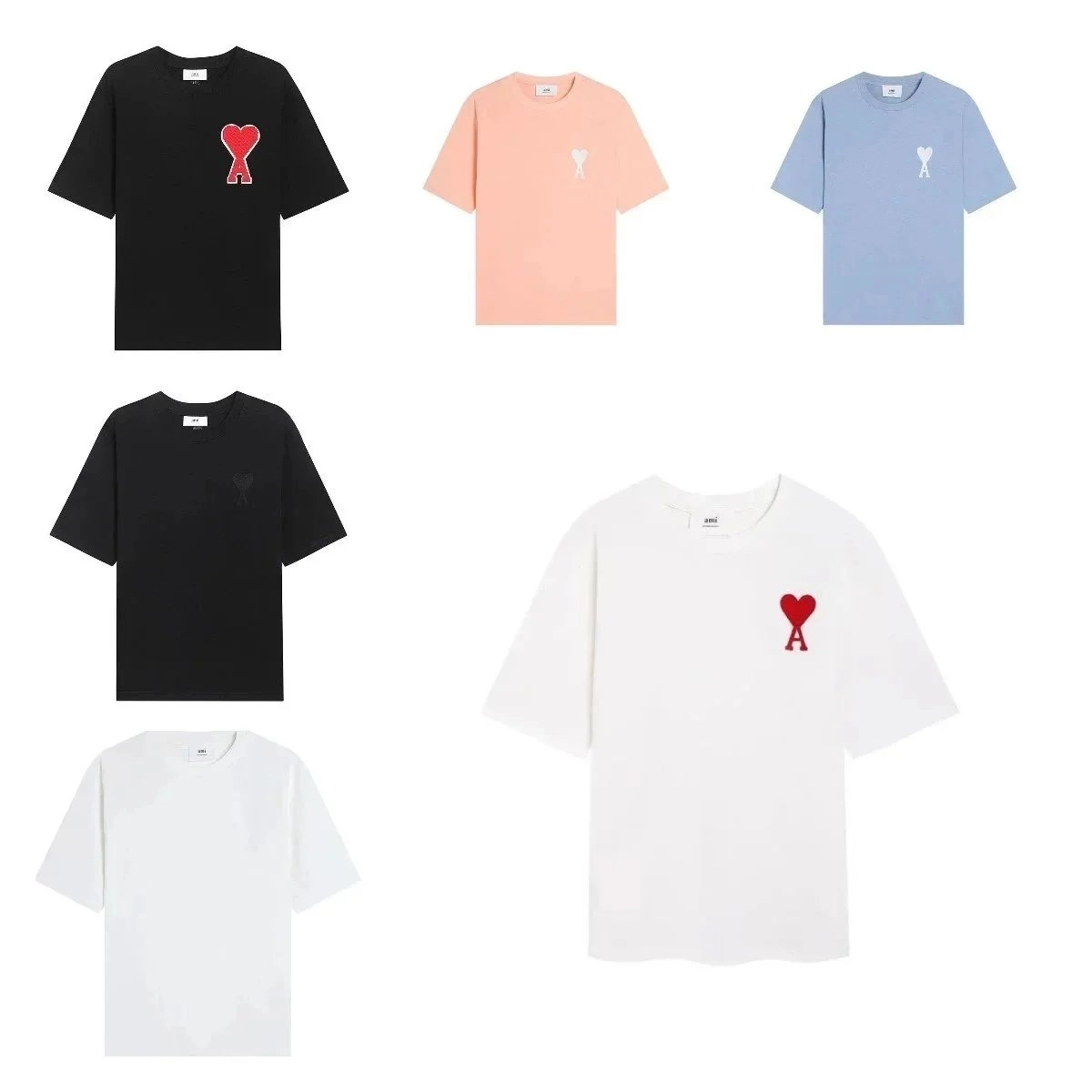 Ami Paris Heart Logo Cotton T-Shirt - Black Red Embroidered