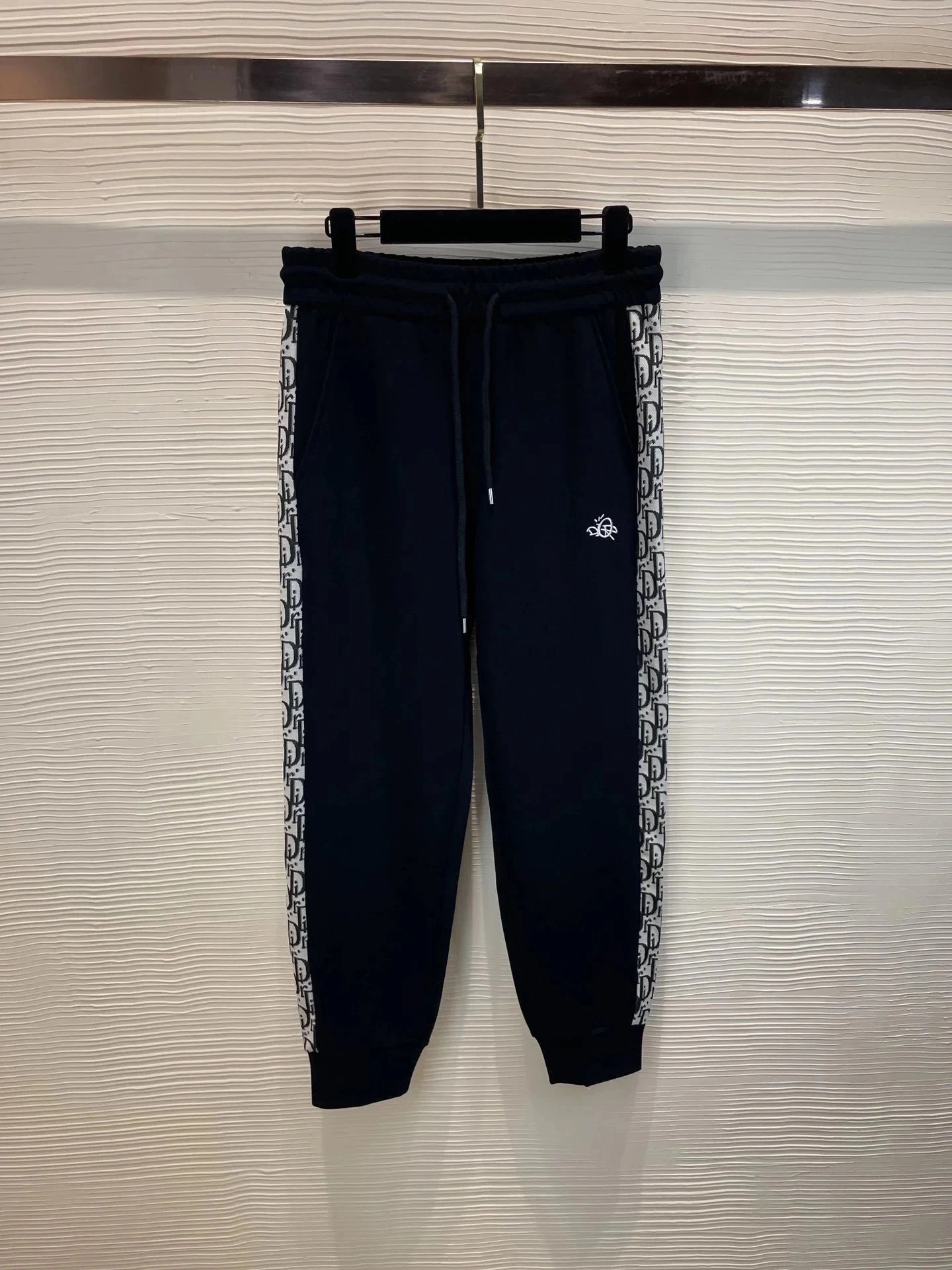 Dior Oblique Print Joggers - Navy Blue with White Logo Tape