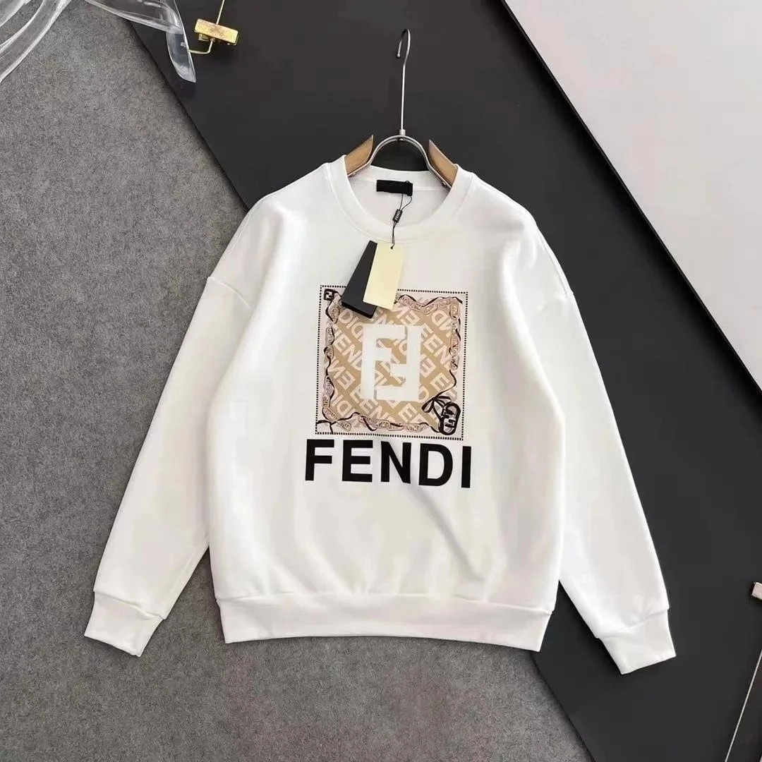 FENDI White Crewneck Sweatshirt with Logo Print and Patterned Square Design