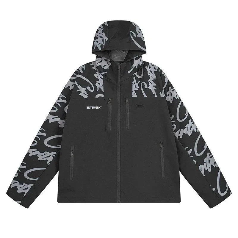 ELITEWORK Graffiti Print Hooded Softshell Jacket Black