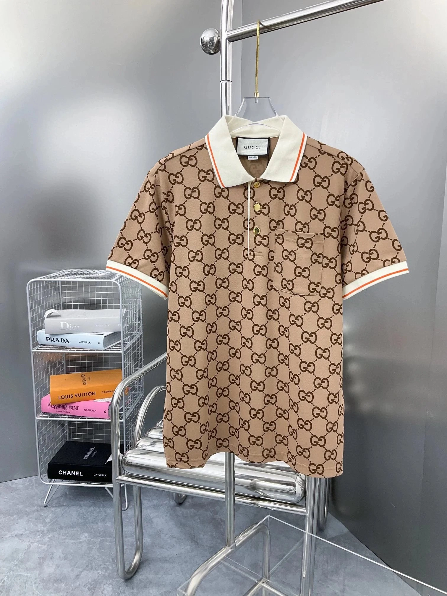 Gucci GG Monogram Beige Polo Shirt with Contrast Trim