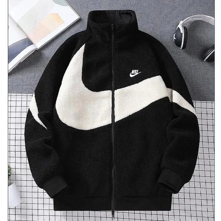 Nike Sherpa Fleece Jacket Black-White Swoosh Full Zip