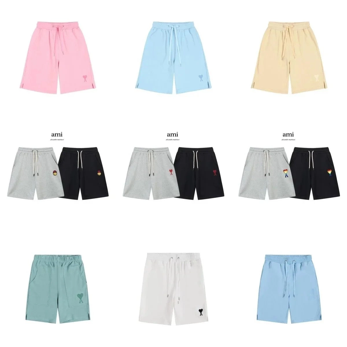 Ami Alexandre Mattiussi Heart Logo Drawstring Shorts - Pink Blue Beige