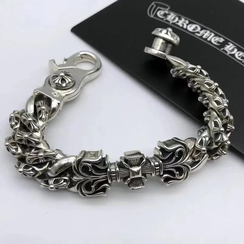 Chrome Hearts Silver Cross Motif Link Bracelet with Lobster Clasp