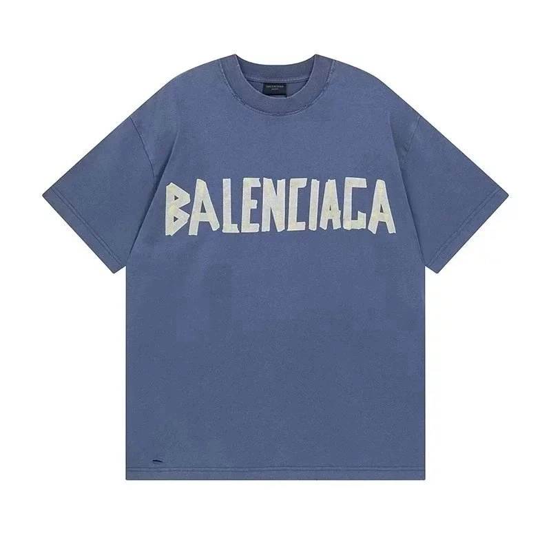 Balenciaga Distressed Logo Oversized T-Shirt Blue