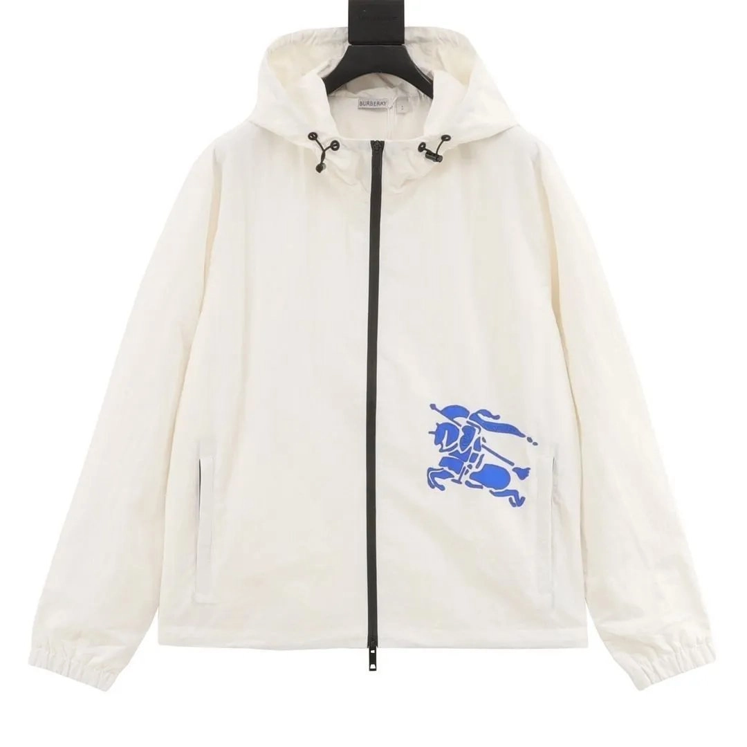 Burberry White Hooded Jacket with Blue Knight Logo Print