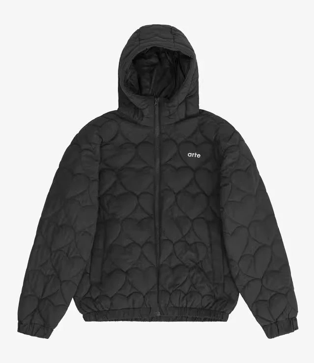 Arte Heart-Quilted Hooded Puffer Jacket - Black
