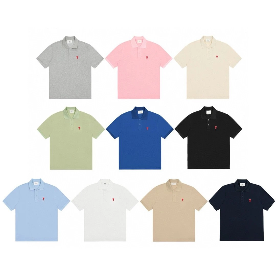 Ami Paris Classic Polo Shirt with Red Heart Embroidery