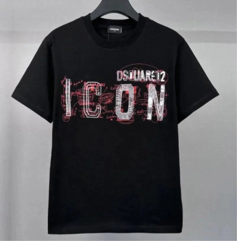 DSQUARED2 ICON Graphic Print Black T-Shirt with Red Sketch Detail