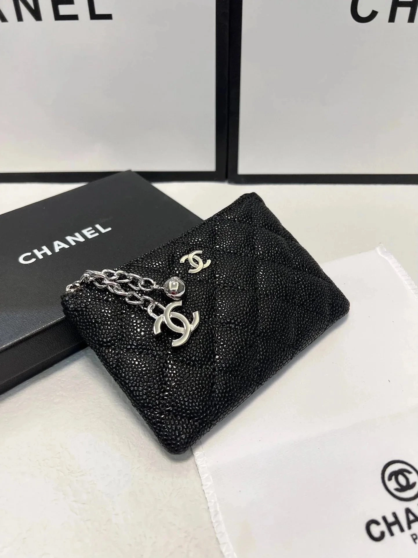 Chanel Black Stingray Leather Quilted Card Holder with CC Charm
