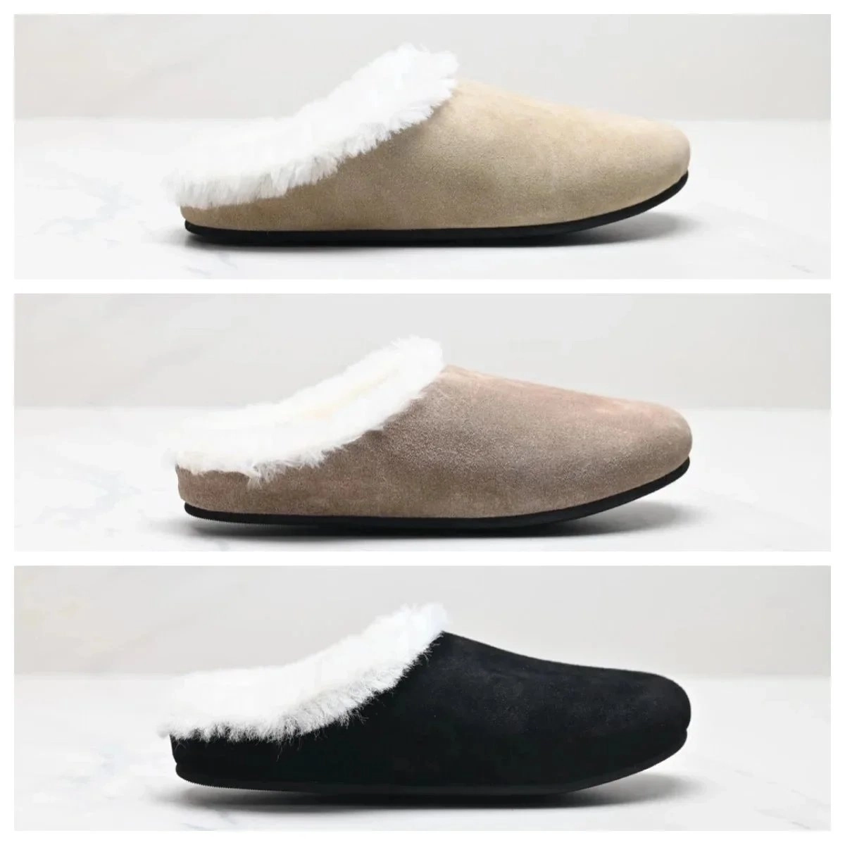 CozyStep Suede Shearling-Lined Slippers - Beige, Taupe, Black