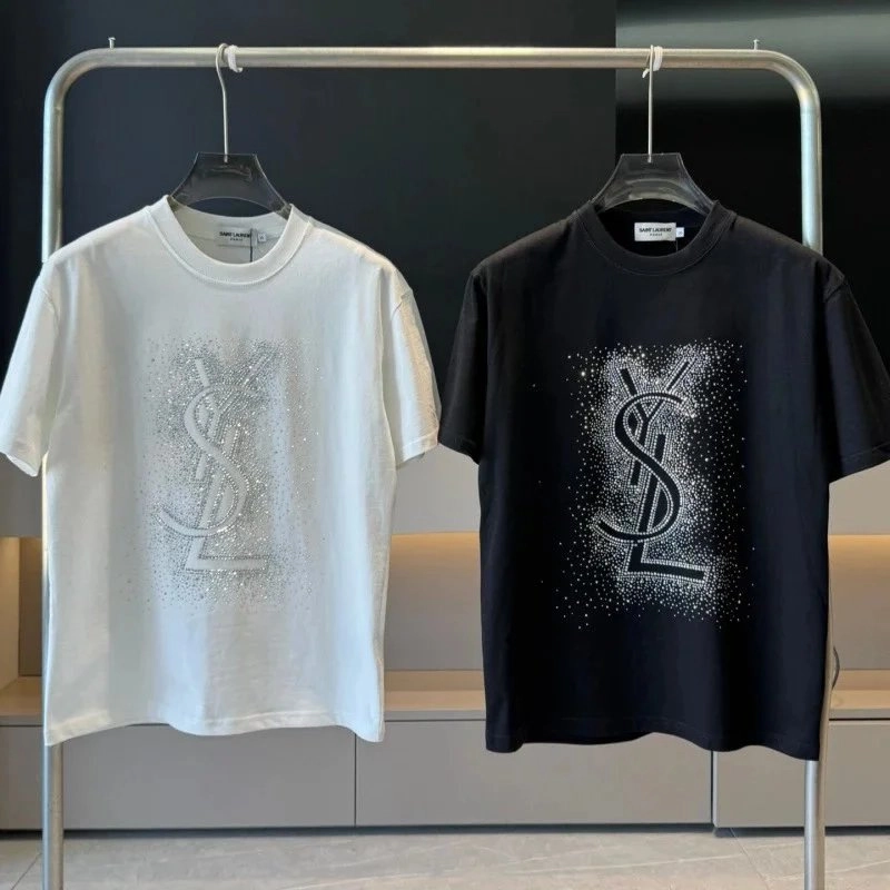 Saint Laurent YSL Logo Rhinestone Embellished Cotton T-Shirt