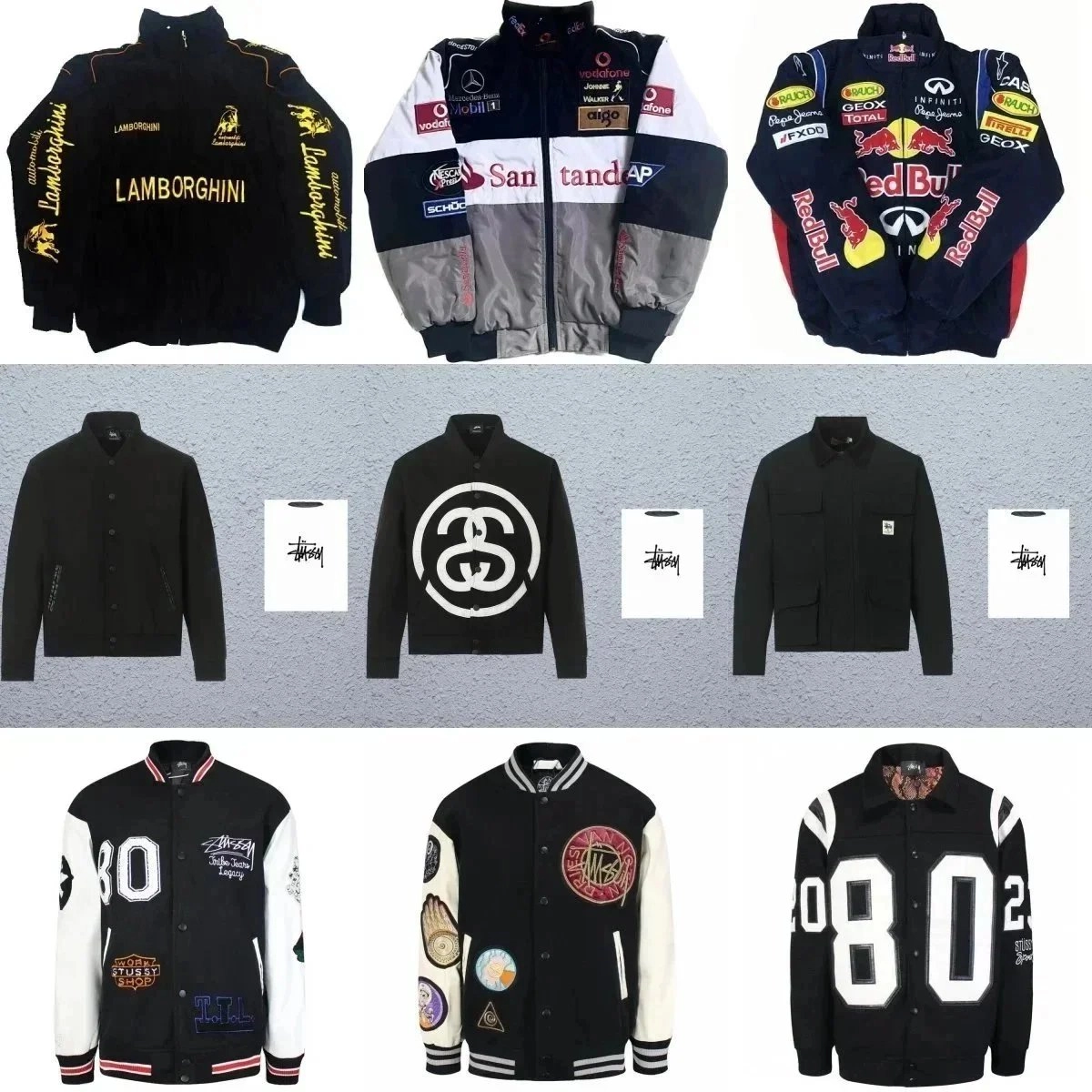 Stussy 80 Varsity Jacket Black-White Patchwork Design
