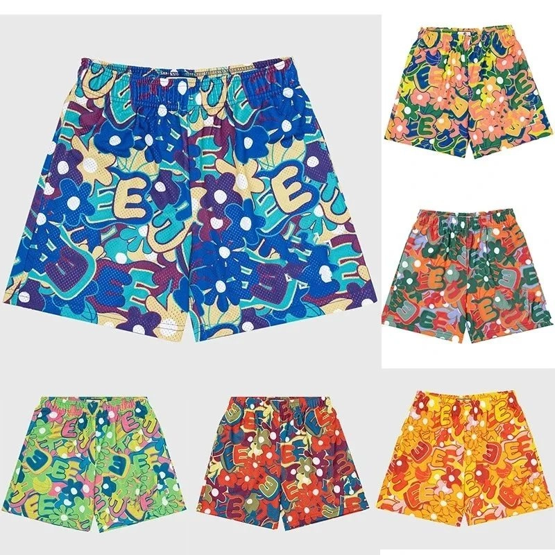 E-Floral Bold Print Elastic Waist Shorts - Multi-Color Floral Alphabet Pattern