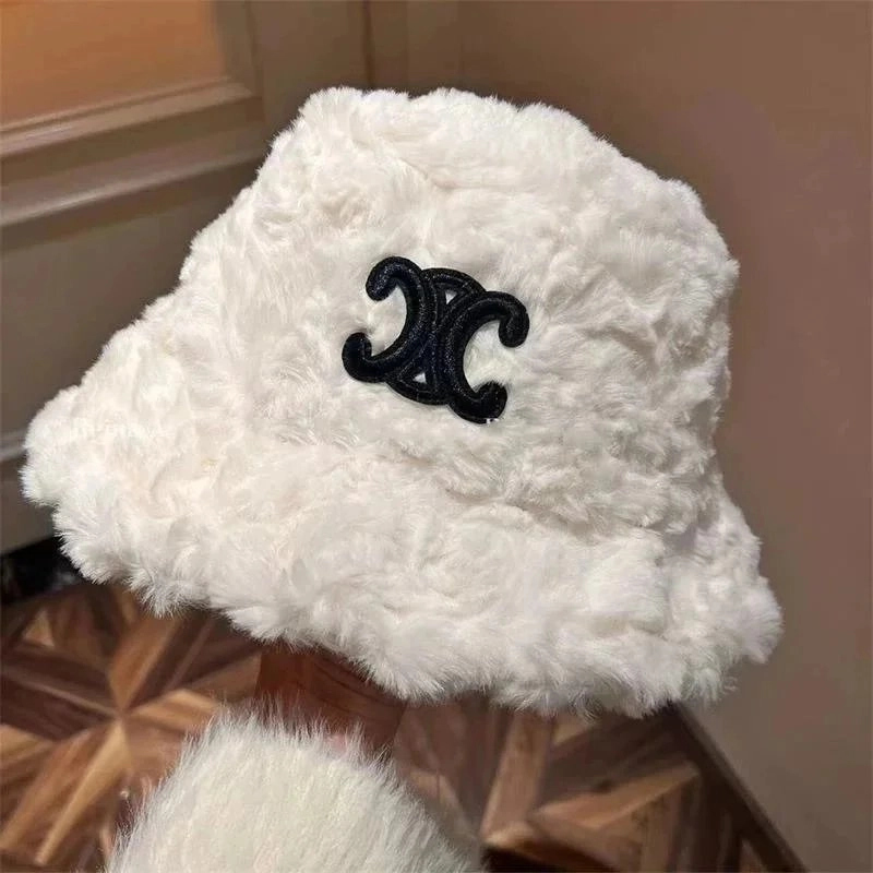 Chanel White Faux Fur Bucket Hat with Black CC Logo