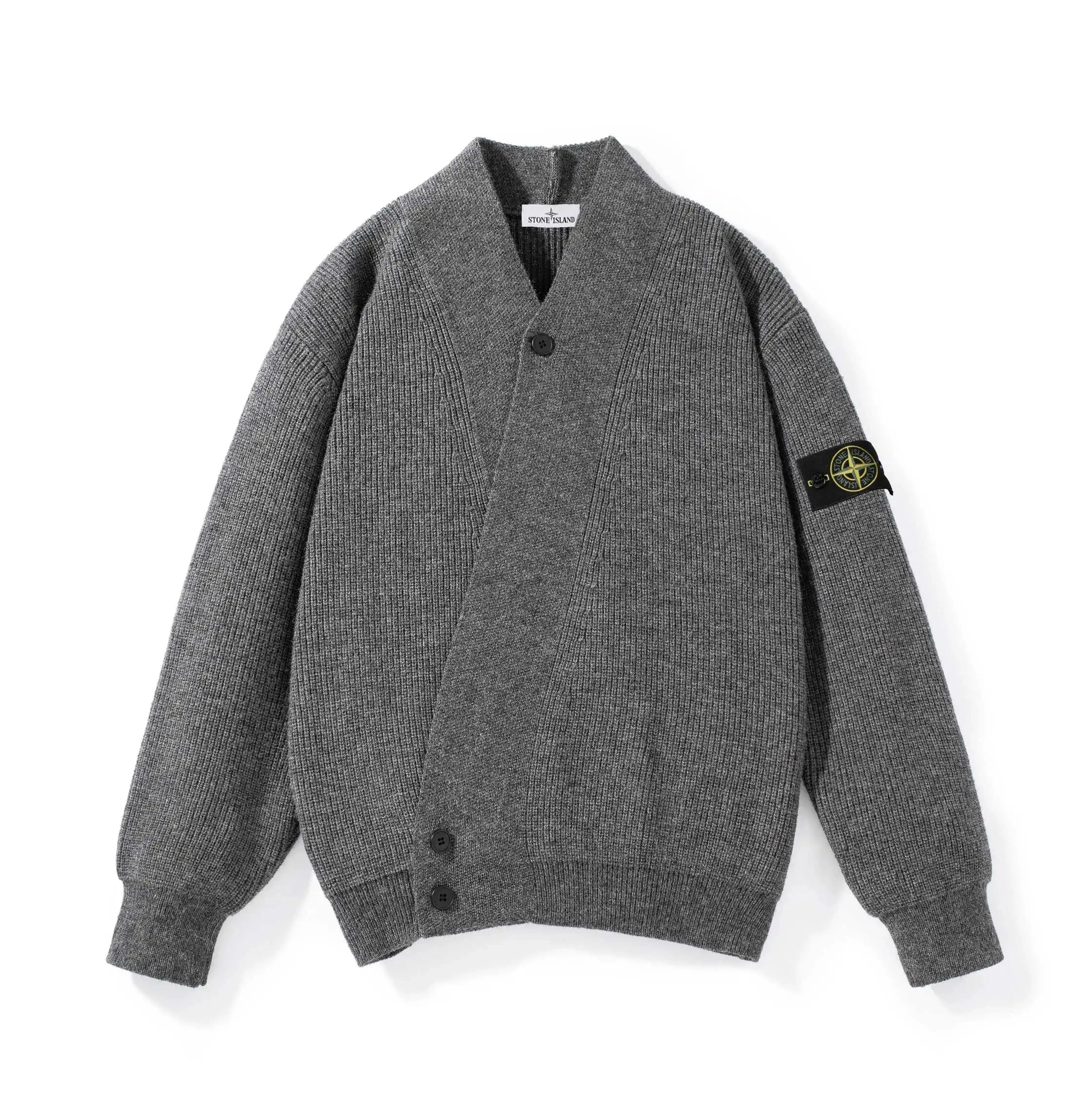 Stone Island Grey Ribbed V-Neck Cardigan with Badge Patch