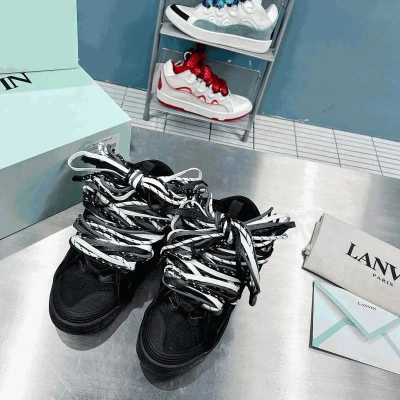 LANVIN Black Oversized Lace-Up Sneakers with Striped Laces