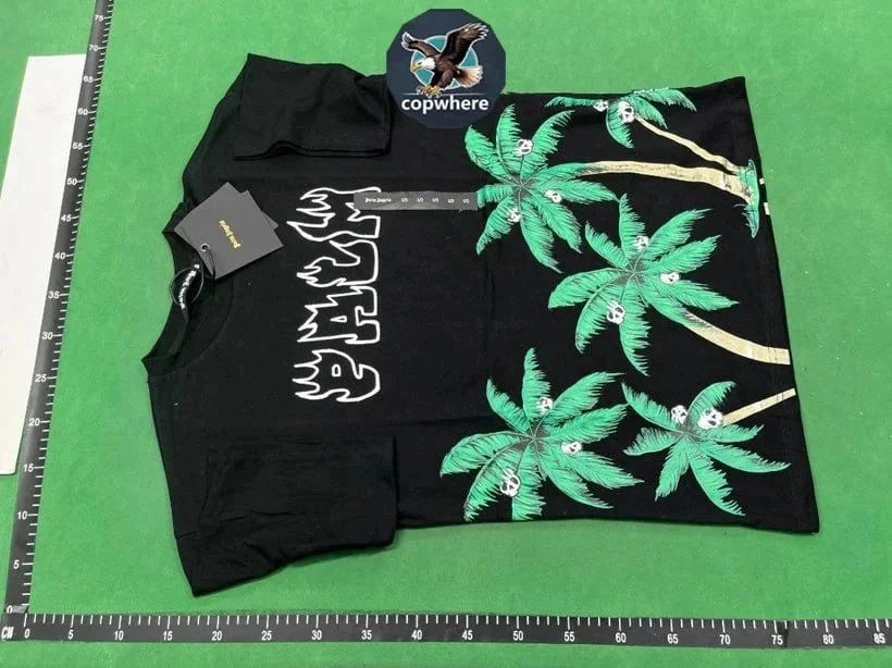 Copwhere Black T-Shirt with Green Palm Trees and Skulls Print