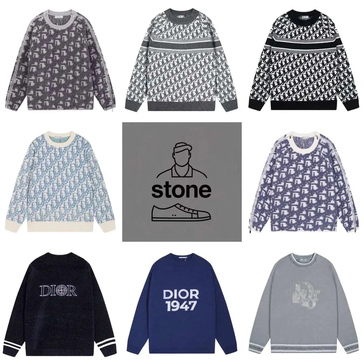 Dior Oblique Pattern Knit Sweater - Gray with Contrast Stripes