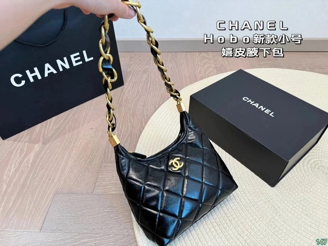Chanel Hobo Small Black Lambskin Quilted Chain Shoulder Bag
