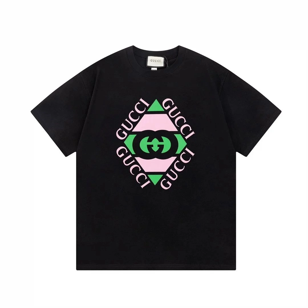 Gucci Black T-Shirt with Pink and Green Diamond Logo Print
