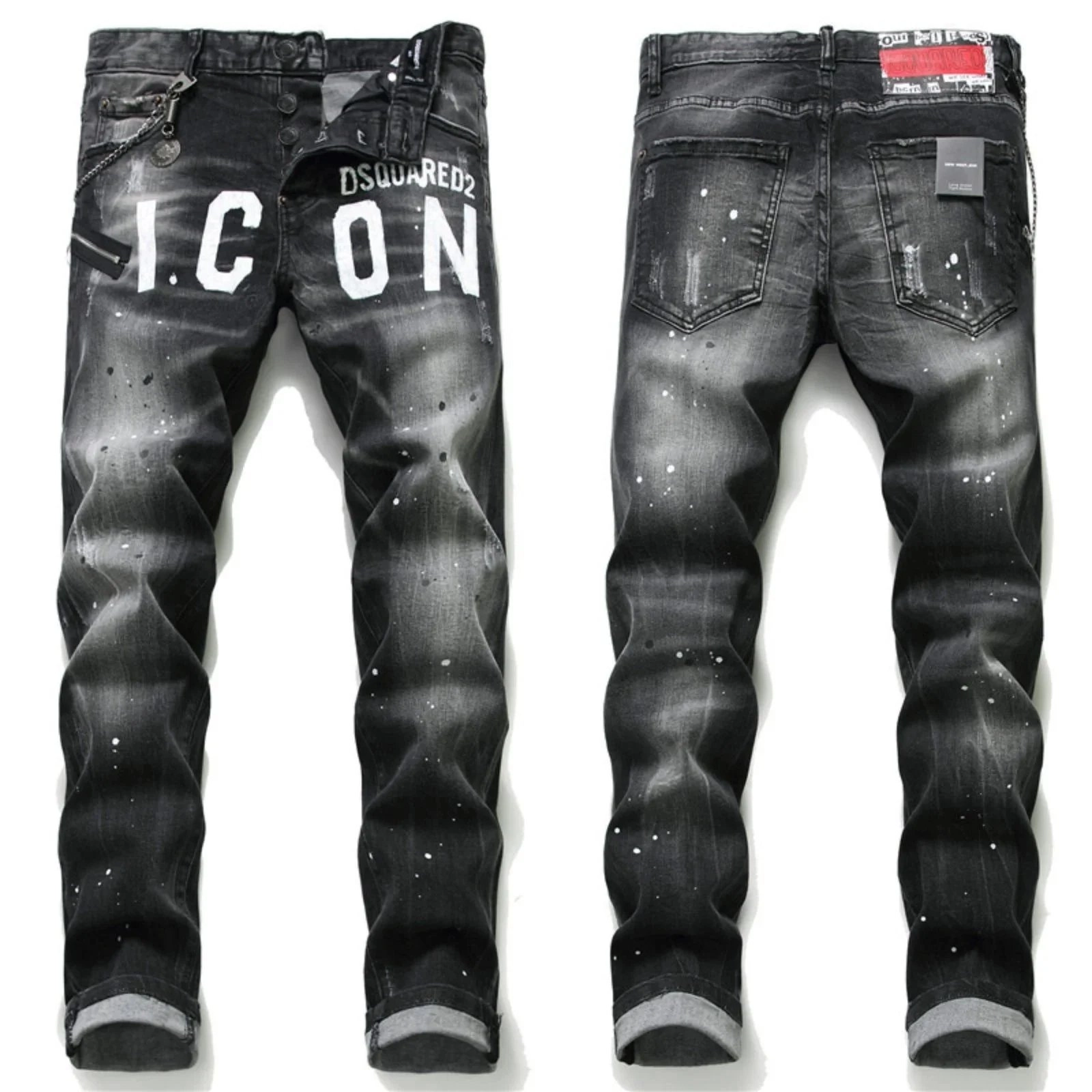 DSQUARED2 ICON Distressed Black Denim Jeans with Paint Splatter