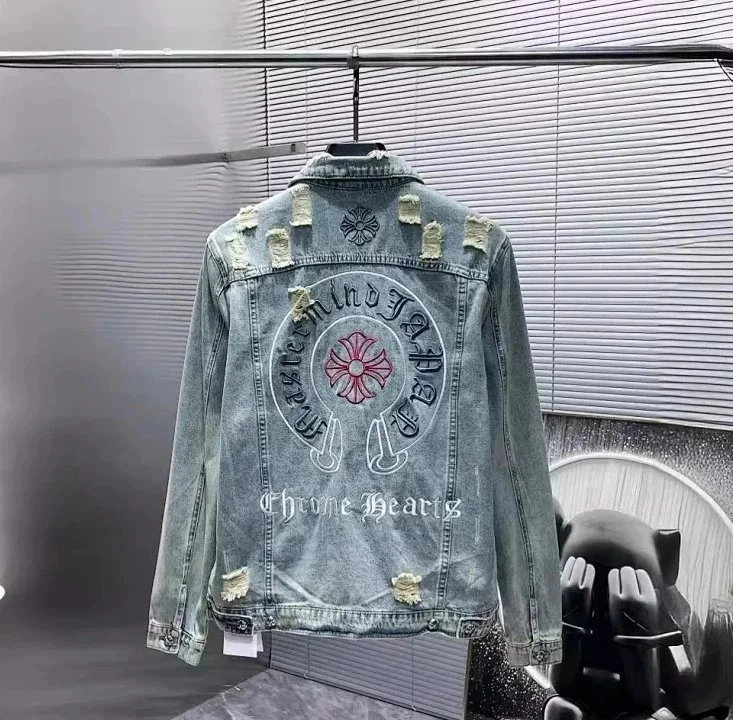 Chrome Hearts Distressed Denim Jacket with Embroidered Logo