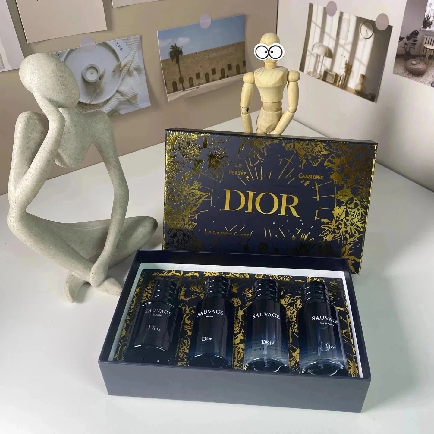 Dior Sauvage Elixir Parfum Gift Set - Navy Blue Gold Floral Box