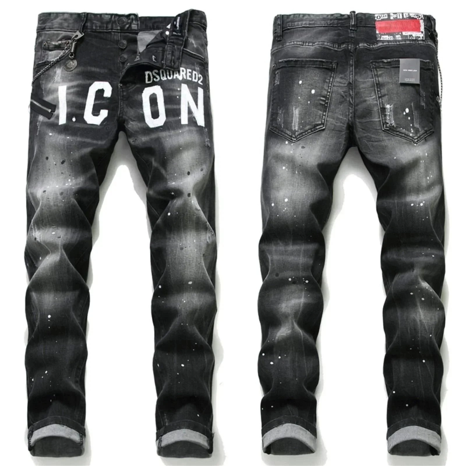 DSQUARED2 ICON Distressed Black Denim Jeans with Paint Splatter
