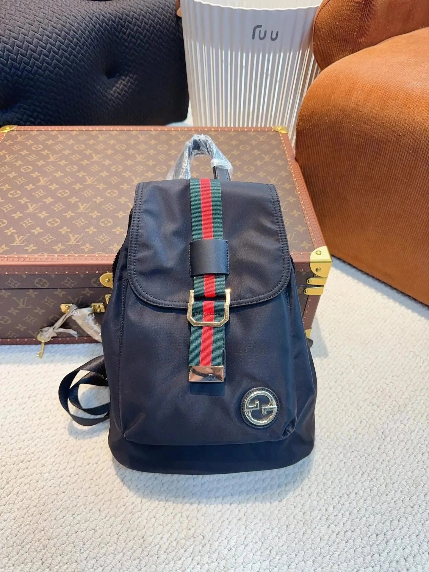 Gucci Ophidia Mini Backpack Navy Blue Nylon with Web Stripe