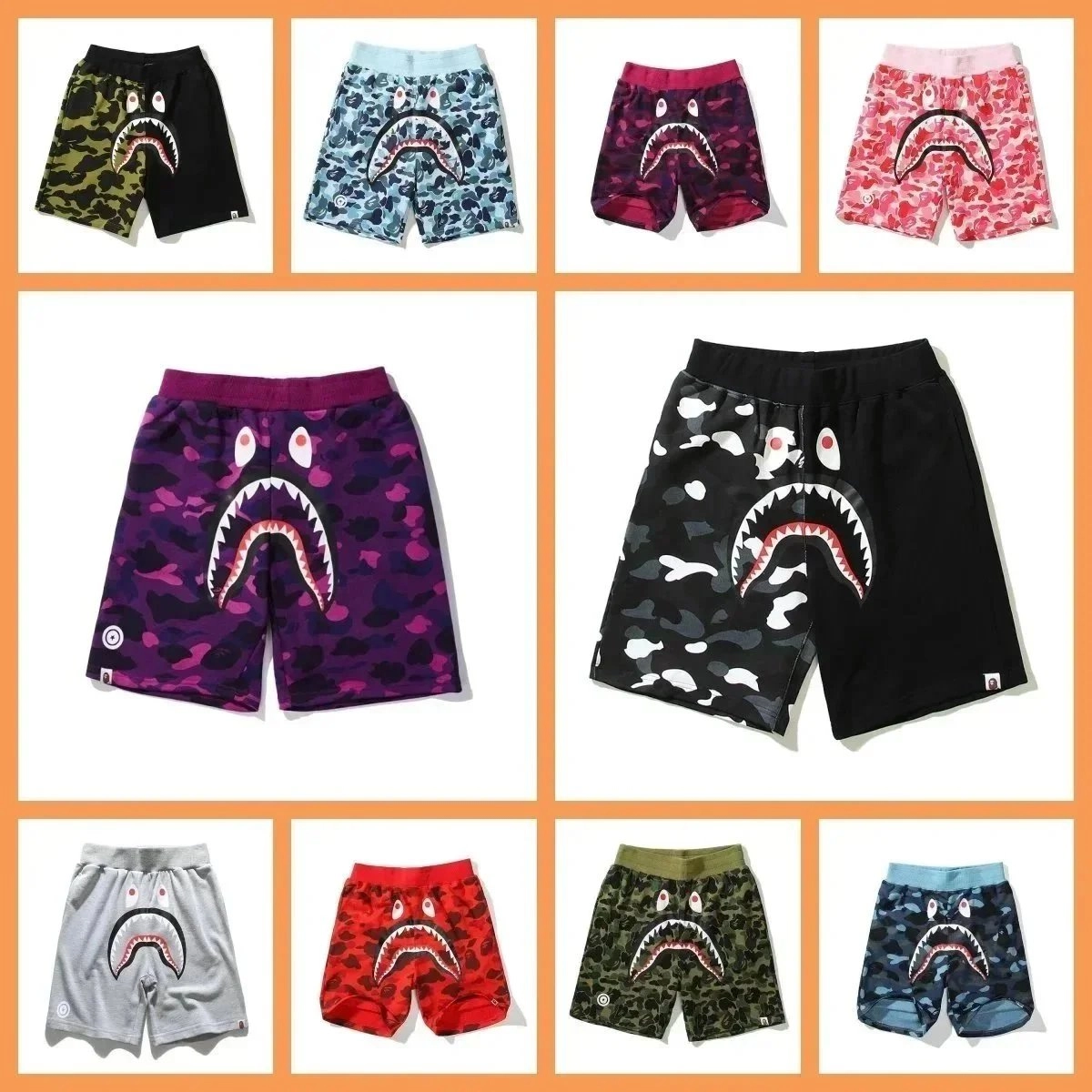 BAPE Shark Camo Shorts - Purple Pink Camouflage with Iconic Shark Face