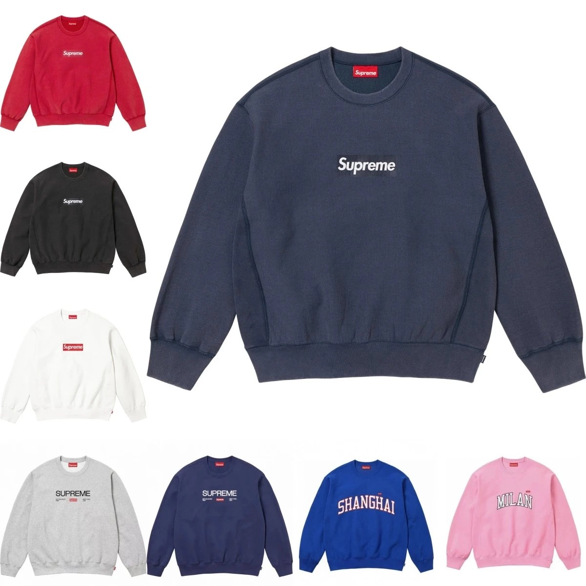Supreme Box Logo Crewneck Sweatshirt Navy Blue Ribbed Cuff