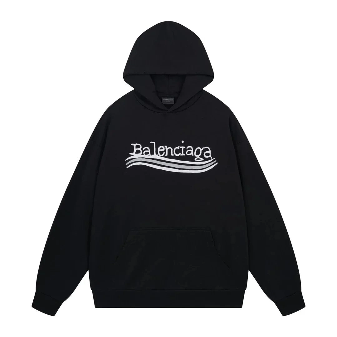 Balenciaga Wave Logo Hoodie Black Oversized Fit