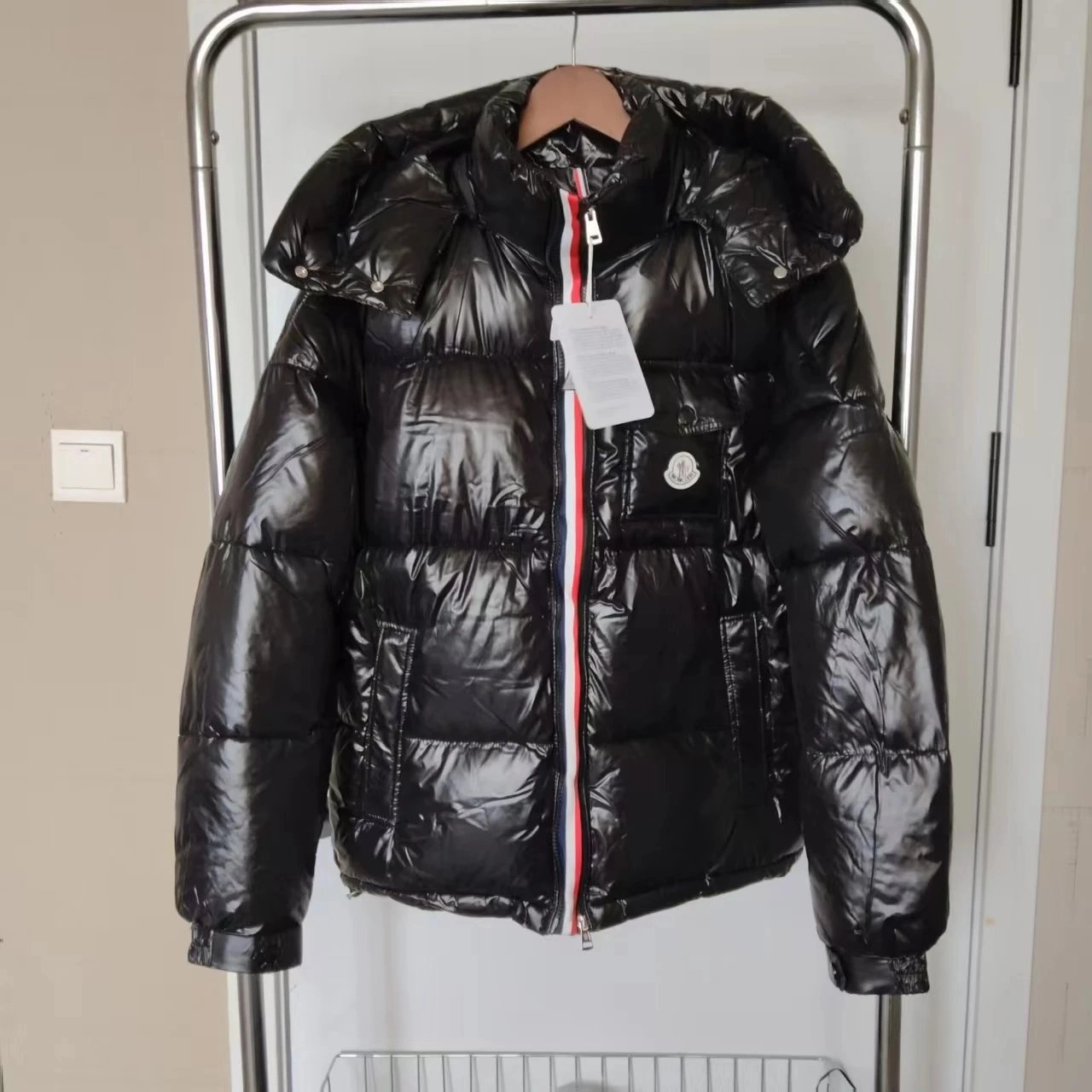 Moncler Maya Black Glossy Puffer Jacket with Hood and Logo Patch