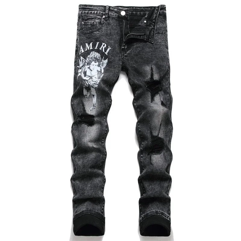 AMIRI Distressed Black Denim Jeans with Angel Print