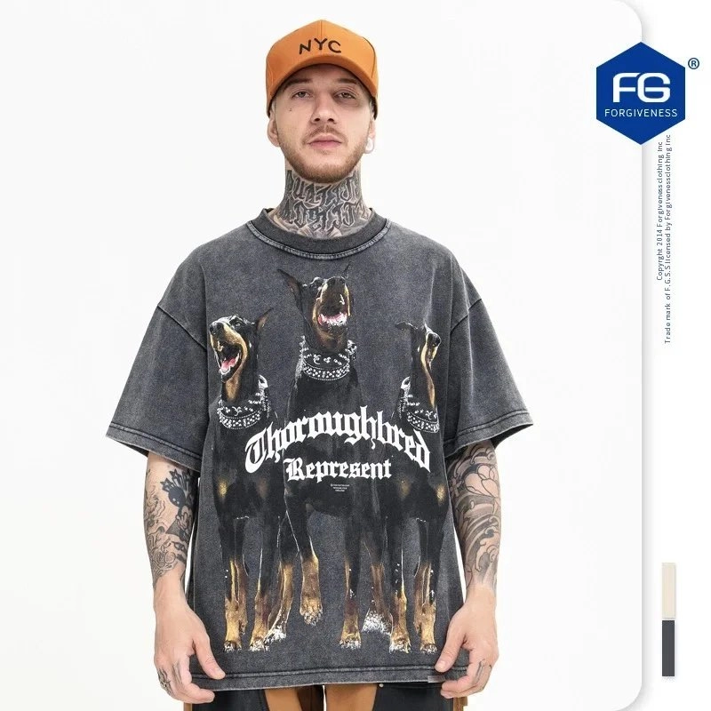 Forgiveness Doberman Print Acid Wash Oversized T-Shirt Black
