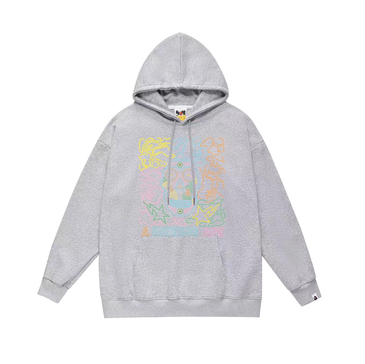 A BATHING APE Gray Hoodie with Colorful Skull Graphic Print