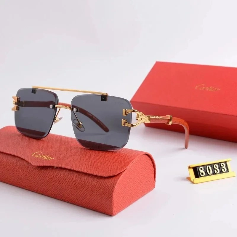 Cartier Santos de Cartier Rimless Sunglasses Gold Frame Dark Gray Lens