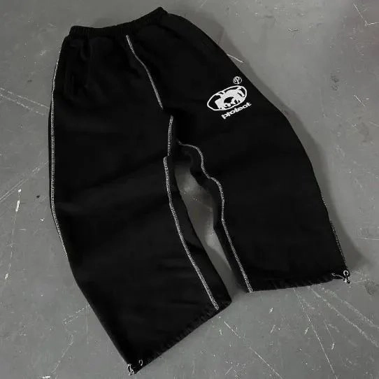 PROECK Panda Logo Black Track Pants with White Stitching