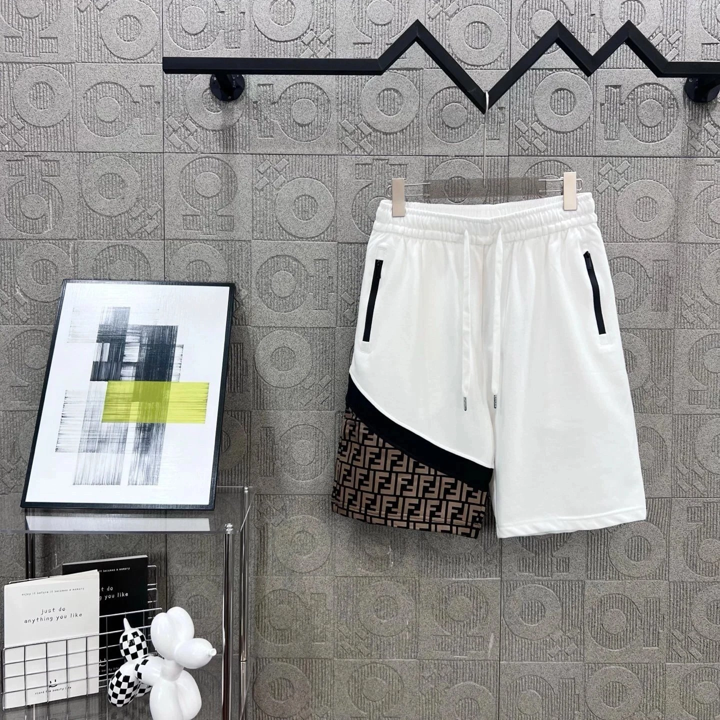 Fendi FF Logo Panelled White Drawstring Shorts
