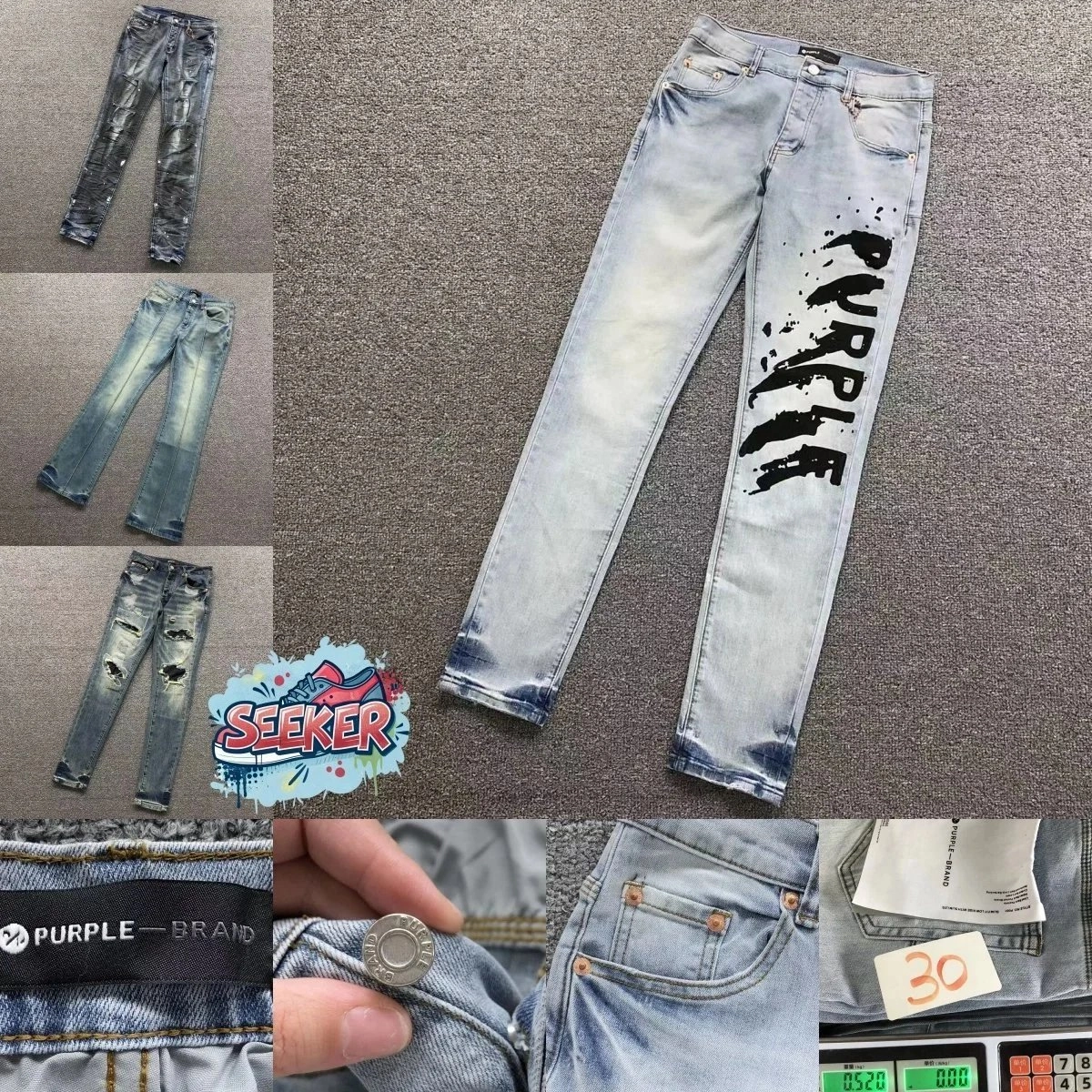 Purple Brand Distressed Light Blue Jeans with Black Splatter Print