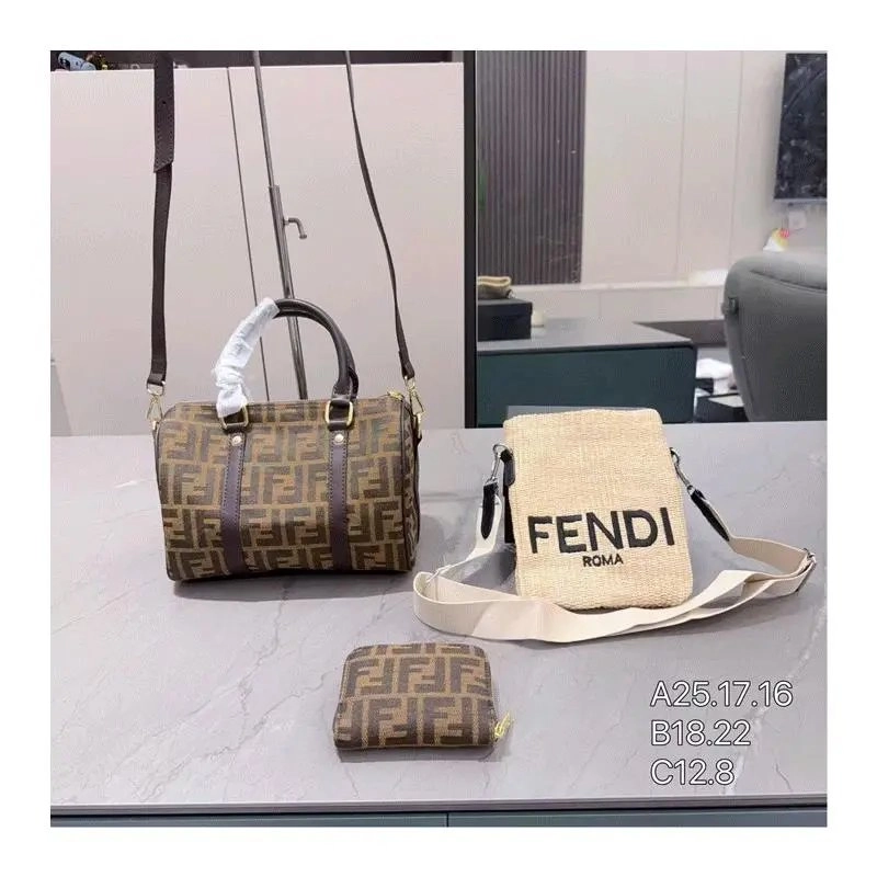 Fendi Zucca Pattern Boston Bag with Leather Trim Brown