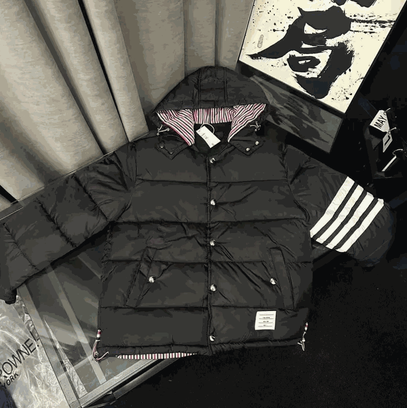 Thom Browne Black Puffer Jacket with Red-White Striped Lining and 4-Bar Sleeve