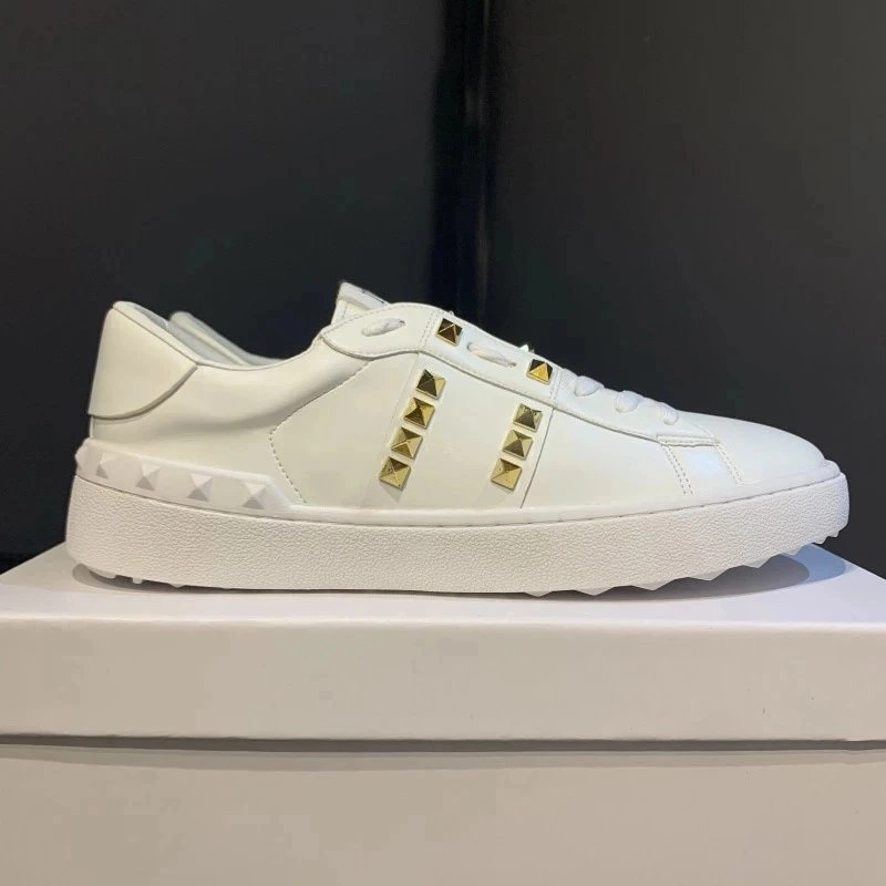 Valentino Rockstud White Leather Sneakers with Gold Studs