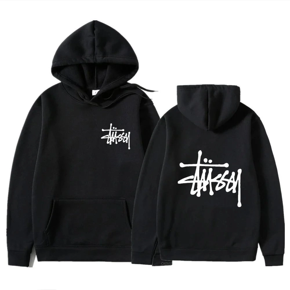 Stussy Classic Black Hoodie with White Logo Front and Back