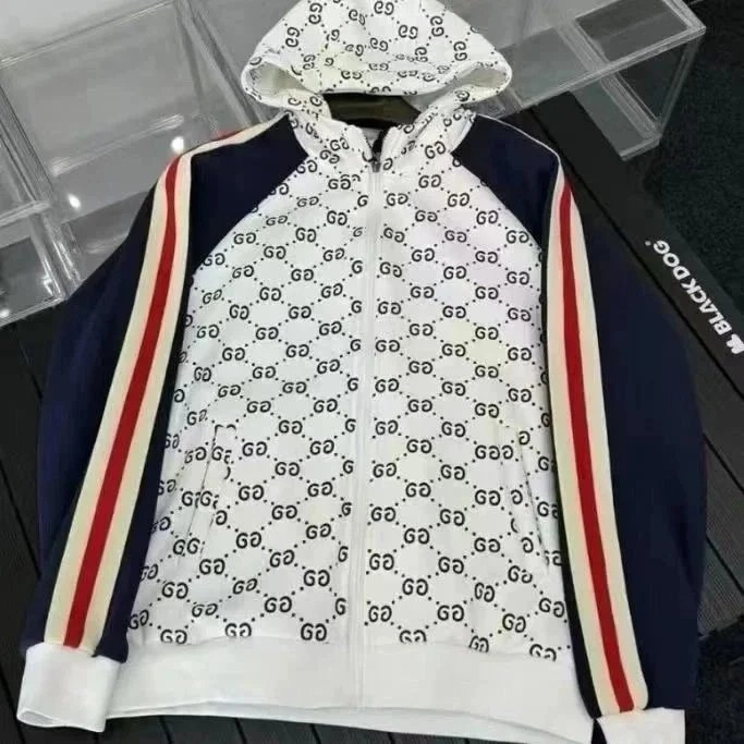 Gucci GG Monogram Hooded Jacket Navy White Red Stripes