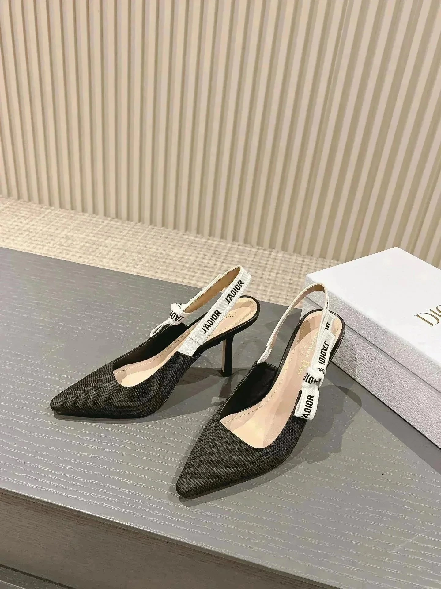 Dior J'Adior Slingback Pumps - Black Textured Fabric with Logo Strap
