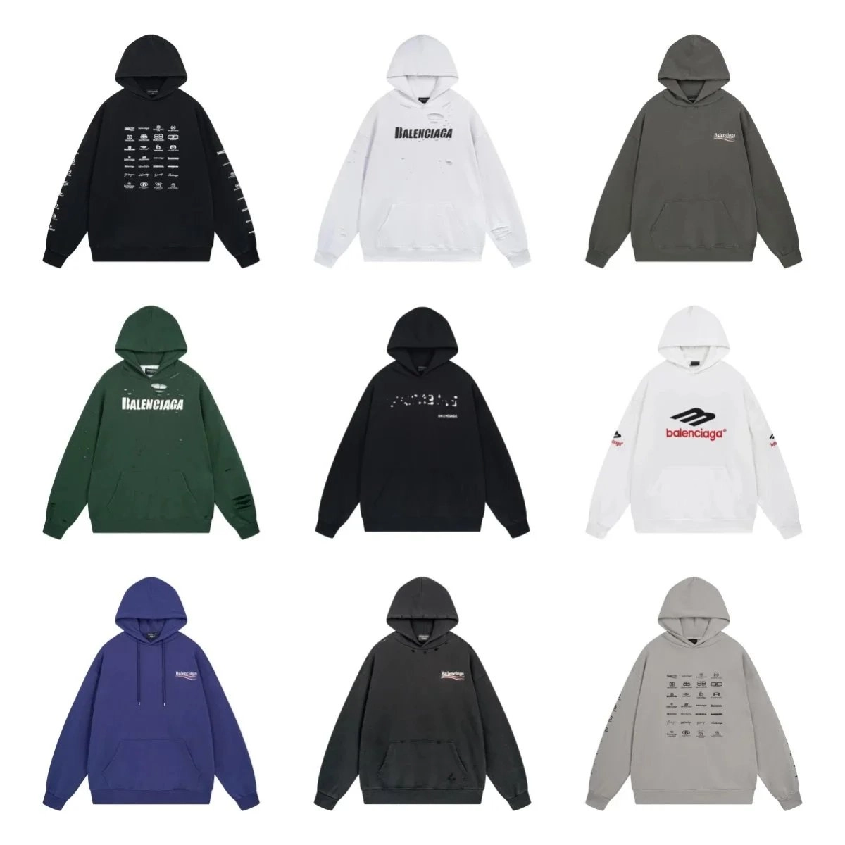 Balenciaga Distressed Logo Hoodie - Black with Sleeve Graphics